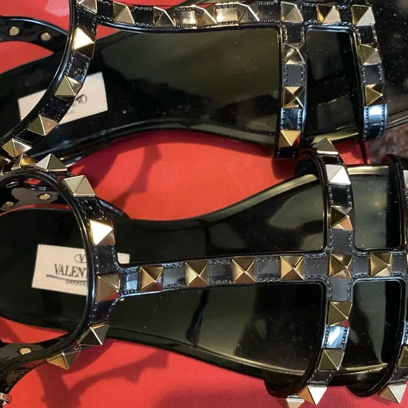 Valentino Rockstud Jelly T-Strap Sandals Black PVC Women's Size 36 - Picture 6 of 7